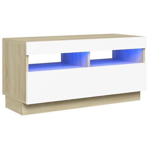 Tv-bord med LED-lys 80x35x40 cm hvid og sonoma-eg