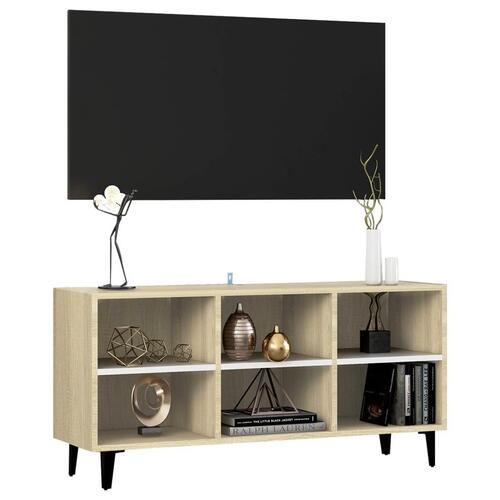 Tv-skab med metalben 103,5x30x50 cm hvid og sonoma-eg