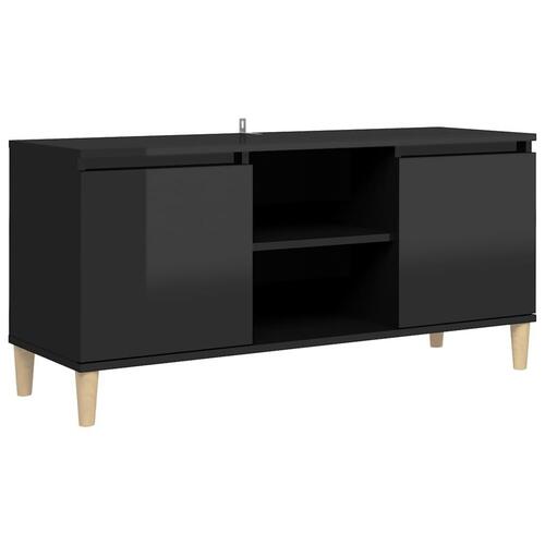 Tv-bord med massive træben 103,5x35x50 cm sort højglans