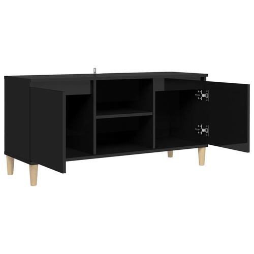 Tv-bord med massive træben 103,5x35x50 cm sort højglans