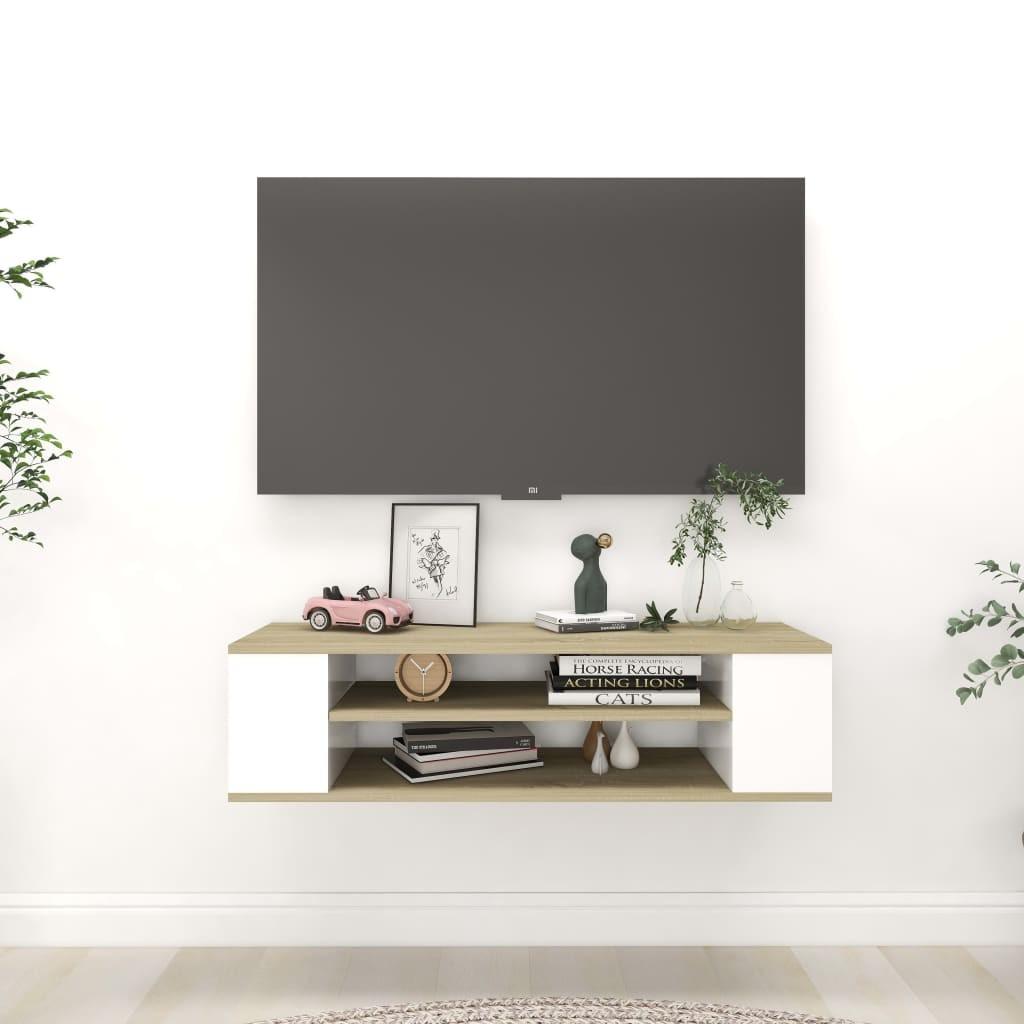 Væghængt tv-skab 100x30x26,5 cm spånplade hvid og sonoma-eg