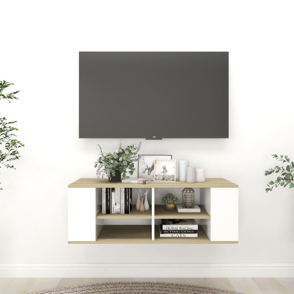 Væghængt tv-bord 102x35x35 cm konstrueret træ hvid og sonoma-eg