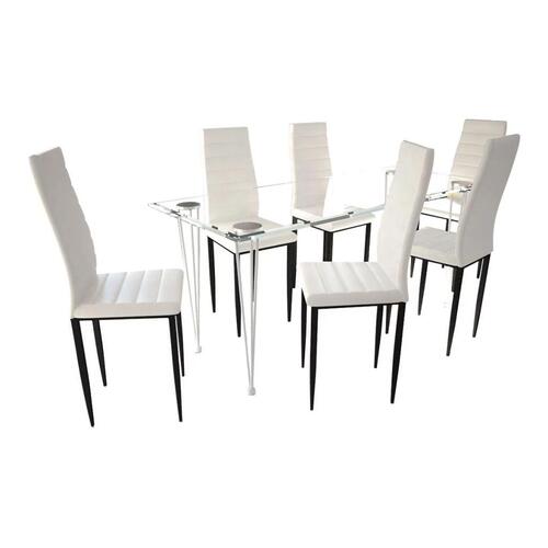 Spisebordssæt med 6 stole og 1 glasbord hvid
