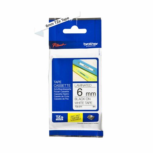 Etikettape Brother TZe-211 - lamineret, 6 mm, sort på hvid
