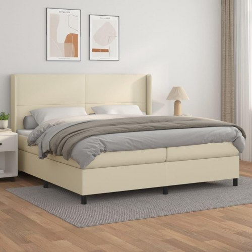 Kontinentalseng 200x200 cm i kunstlæder - cremefarvet med madras og topmadras