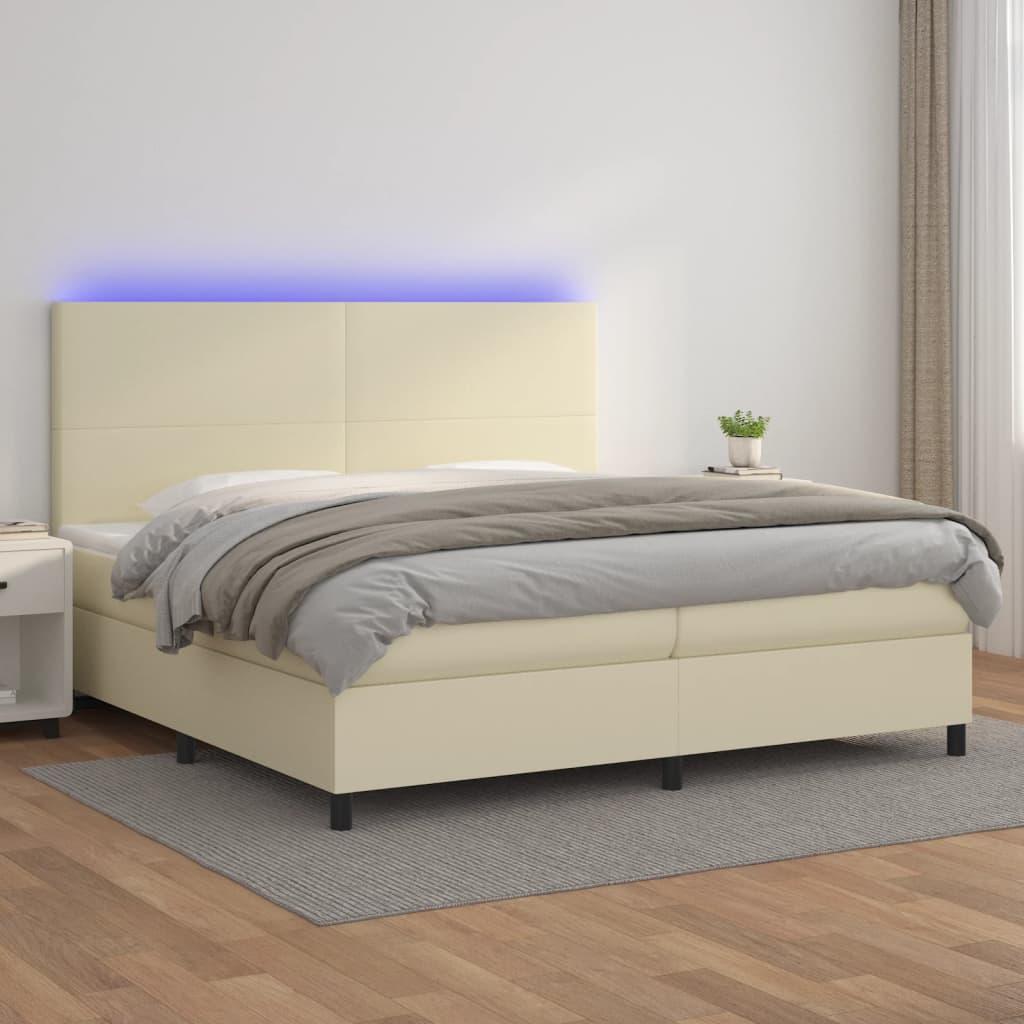 Kontinentalseng med LED-lys 200x200 cm kunstlÃ¦der cremefarvet