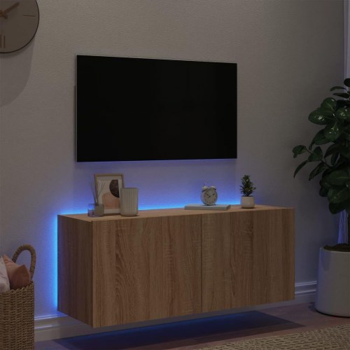 Væghængt tv-bord med LED-lys 100 x 35 x 41 cm - sonoma-eg