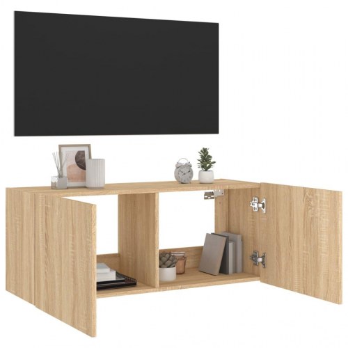 Væghængt tv-bord med LED-lys 100 x 35 x 41 cm - sonoma-eg