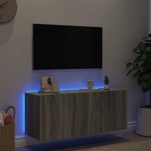 Væghængt tv-bord med LED-lys 100 x 35 x 41 cm - grå sonoma-eg