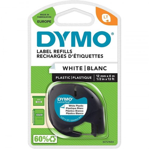 Etikettape Dymo LetraTag plast, hvid - 12 mm x 4 m