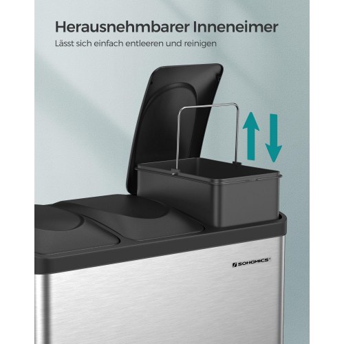 Skraldespand med pedal 45 l affaldssortering i rustfrit stål (3 x 15 l), sølv/sort