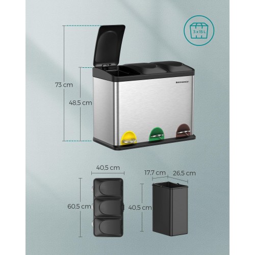 Skraldespand med pedal 45 l affaldssortering i rustfrit stål (3 x 15 l), sølv/sort