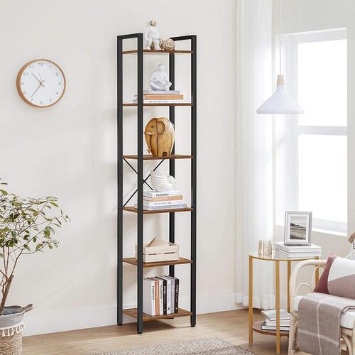Bogreol 6 hylder – VASAGLE industrielt, åben reol, rustik brun/sort, 40 × 30 × 187,5 cm