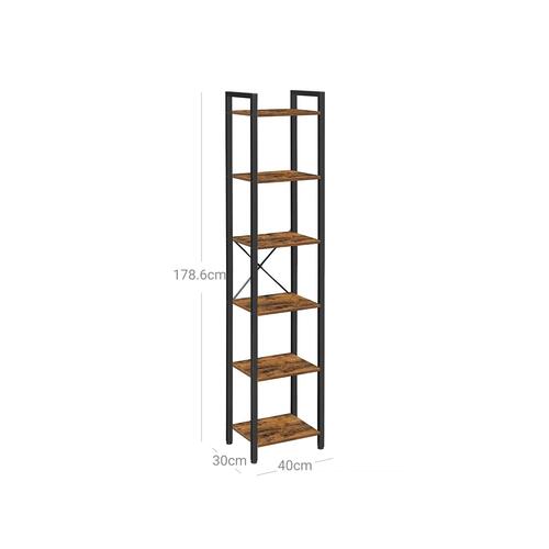 Bogreol 6 hylder – VASAGLE industrielt, åben reol, rustik brun/sort, 40 × 30 × 187,5 cm