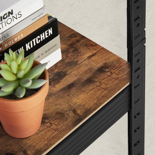 Reolsystem metal med trælook 37×37×150 cm 5 hylder, justerbar, 400 kg samlet belastning, rustik brun/sort