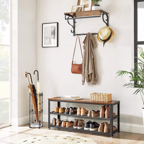 Skobænk rustik brun/sort, stål & spånplade, 100 cm