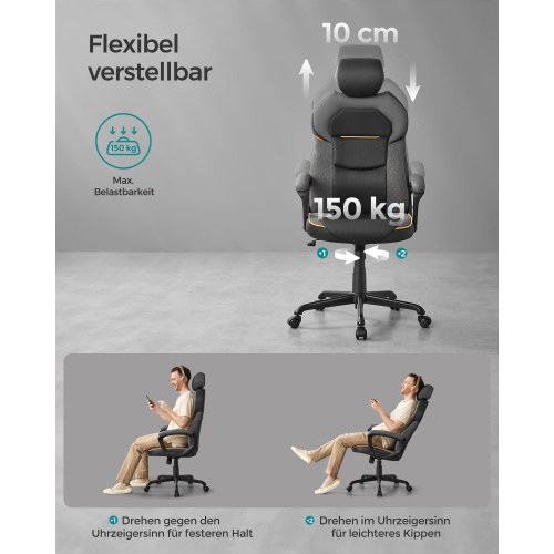 Kontorstol ergonomisk med justerbar nakkestøtte, polstrede armlæn og vippefunktion, 150 kg, klassisk sort