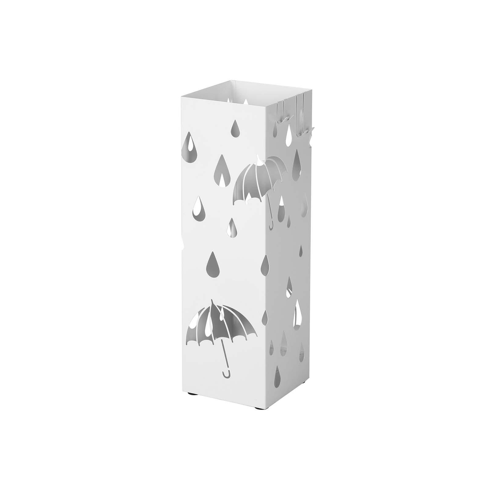 Paraplystativ metal kvadratisk med drypbakke og 4 kroge, 15,5 × 15,5 × 49 cm, hvid