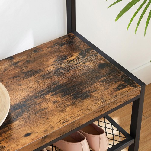 Tøjstativ med bænk industrielt entrémøbel, 12 kroge, skobænk, rustik brun/sort (HSR86BX)