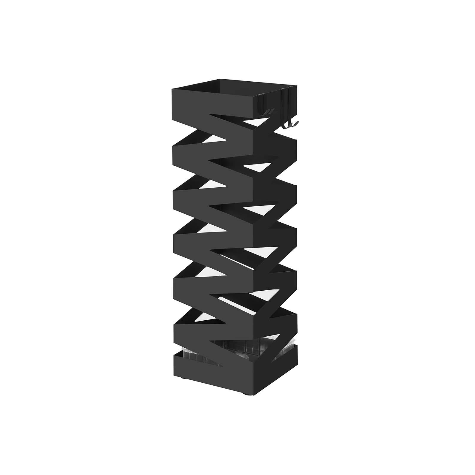 Paraplystativ i metal firkantet med kroge og drypbakke, 15,5 × 15,5 × 49 cm, sort