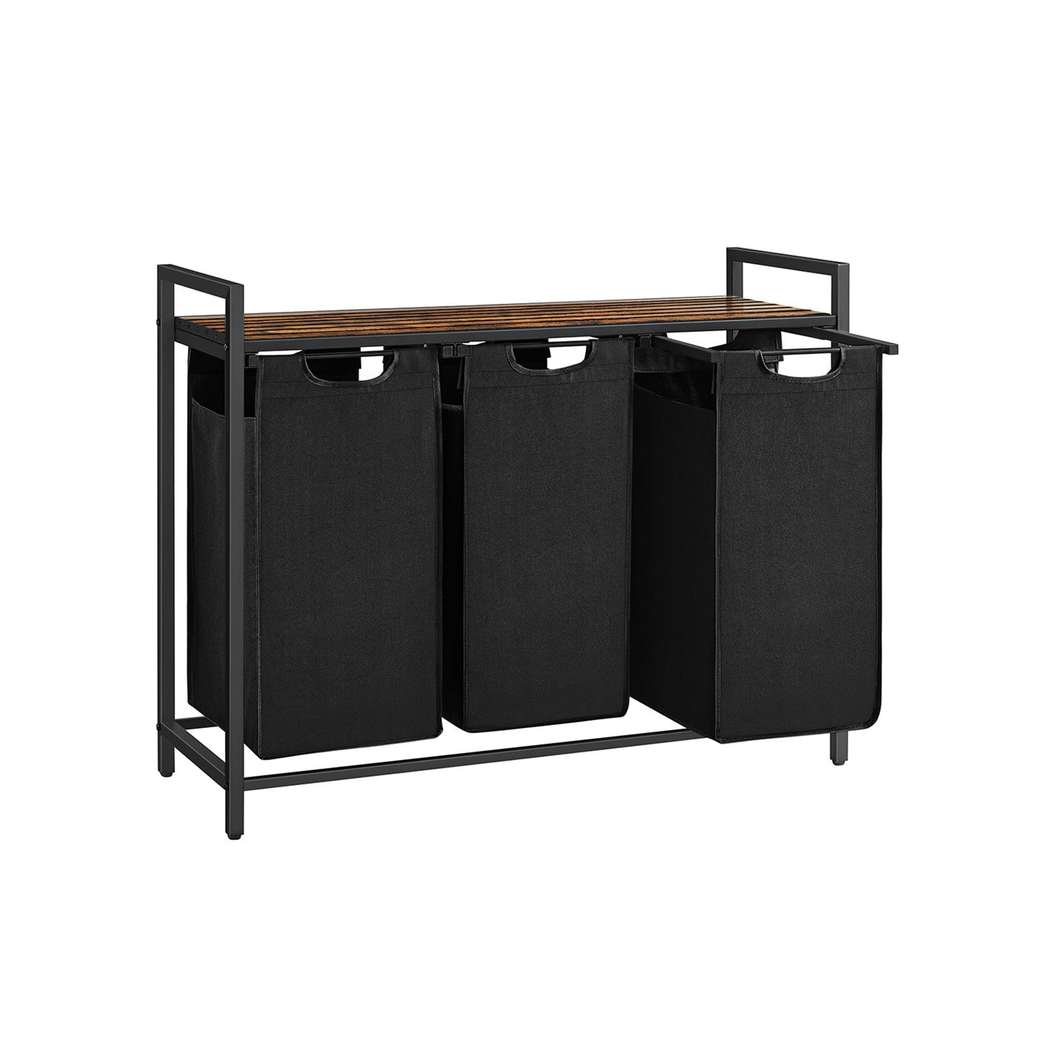Vasketøjssorterer med 3 poser og hylde – VASAGLE, rustik brun/sort, 38 l pr. pose