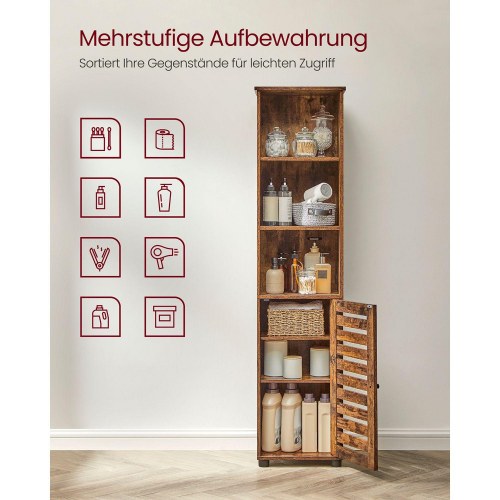 Højt badeværelsesskab rustik brun, 3 åbne rum og skab med 2 justerbare hylder