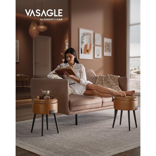 Puff med opbevaring EKHO – rund taburet i kunstlæder, 150 kg, karamelbrun