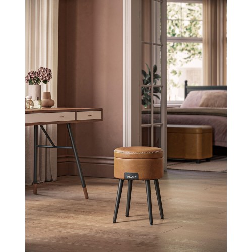 Puff med opbevaring EKHO – rund taburet i kunstlæder, 150 kg, karamelbrun