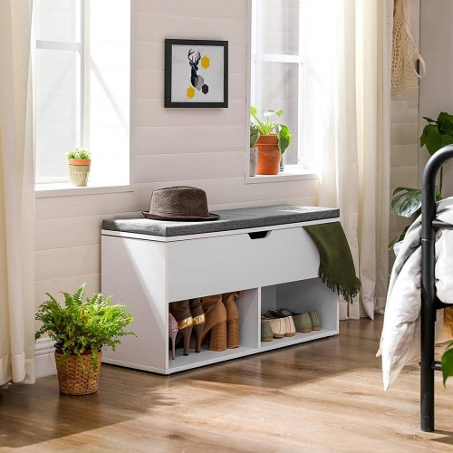 Skobænk med opbevaring 2 åbne rum & 1 lukket, polstret sæde, hvid, 100 × 30 × 48 cm
