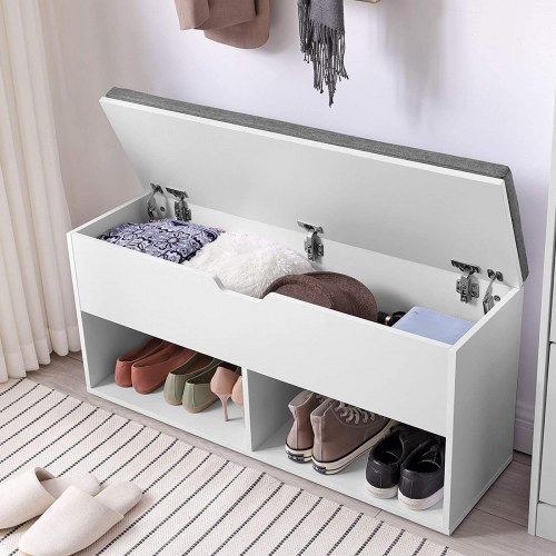 Skobænk med opbevaring 2 åbne rum & 1 lukket, polstret sæde, hvid, 100 × 30 × 48 cm