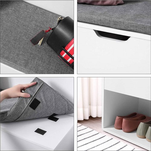 Skobænk med opbevaring 2 åbne rum & 1 lukket, polstret sæde, hvid, 100 × 30 × 48 cm