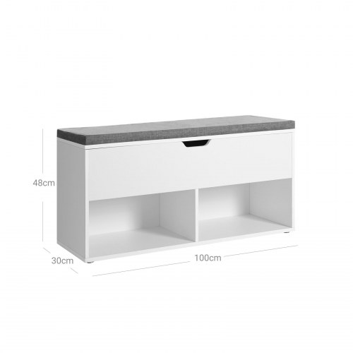 Skobænk med opbevaring 2 åbne rum & 1 lukket, polstret sæde, hvid, 100 × 30 × 48 cm