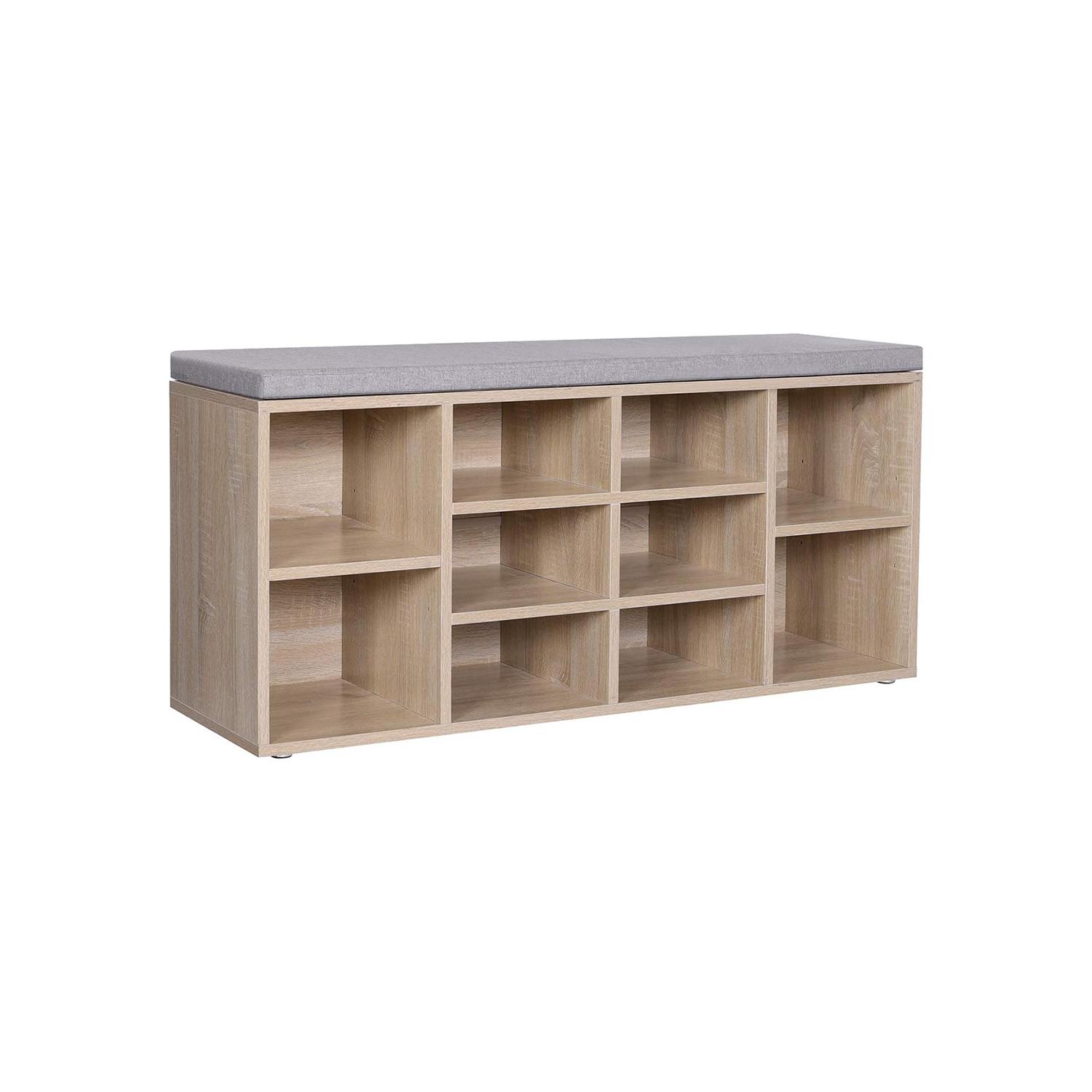 Skobænk med opbevaring – VASAGLE, 10 rum, med pude, eg, 104 × 30 × 48 cm