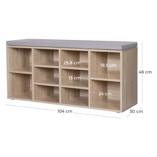 Skobænk med opbevaring – VASAGLE, 10 rum, med pude, eg, 104 × 30 × 48 cm