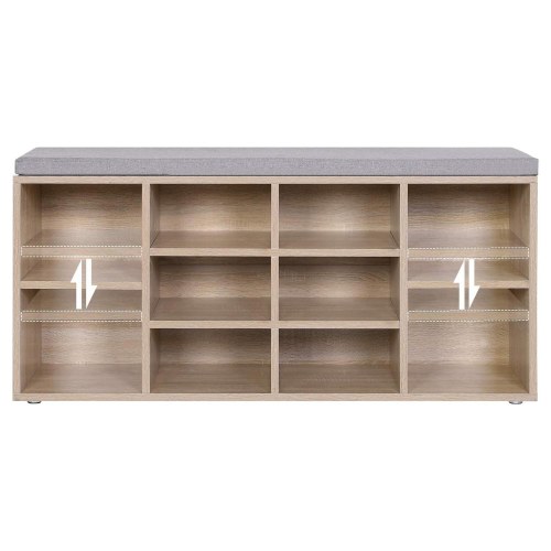 Skobænk med opbevaring – VASAGLE, 10 rum, med pude, eg, 104 × 30 × 48 cm