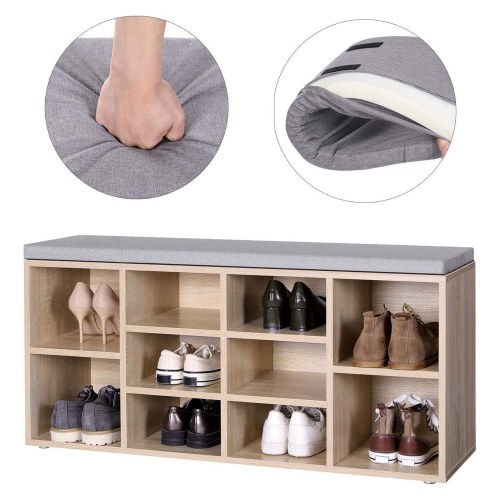 Skobænk med opbevaring – VASAGLE, 10 rum, med pude, eg, 104 × 30 × 48 cm