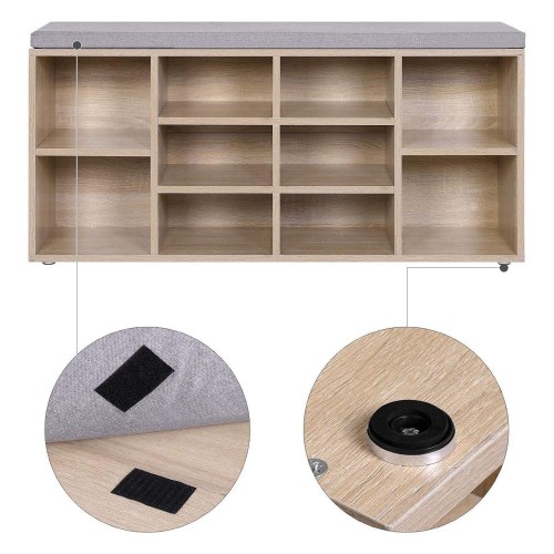 Skobænk med opbevaring – VASAGLE, 10 rum, med pude, eg, 104 × 30 × 48 cm