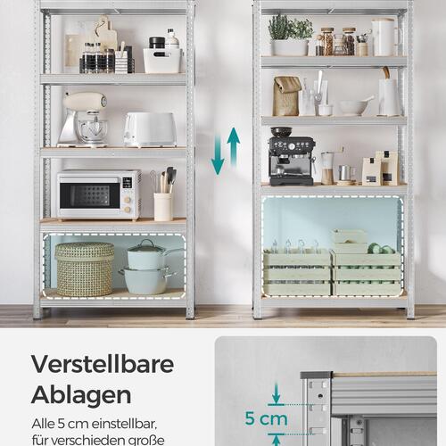 Reol med 5 hylder – SONGMICS stålhylle, værkstedsreol, værktøjsfri montering, 40 × 90 × 180 cm, sølv