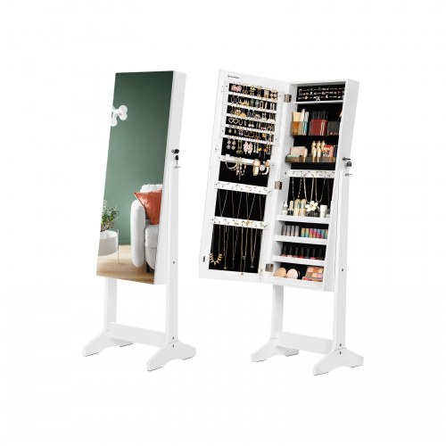 Smykkeskab med spejl fritstående, låsbart, helkropsspejl, hvid