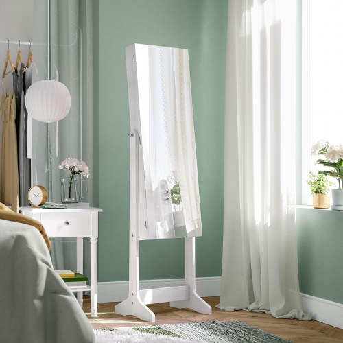 Smykkeskab med spejl fritstående, låsbart, helkropsspejl, hvid