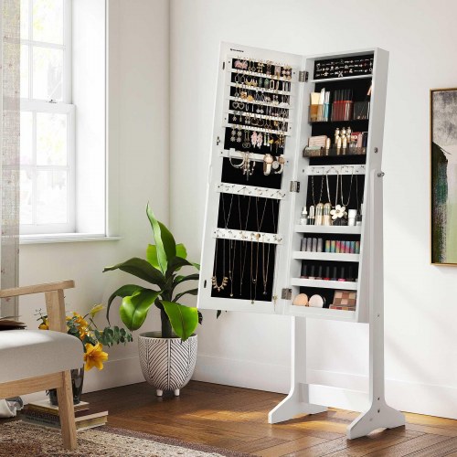 Smykkeskab med spejl fritstående, låsbart, helkropsspejl, hvid