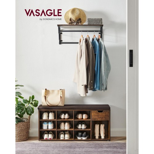 Skobænk med opbevaring VASAGLE – skoreol med skuffe og åbne rum, polstret sæde, vintage brun, 30 × 104 × 48 cm