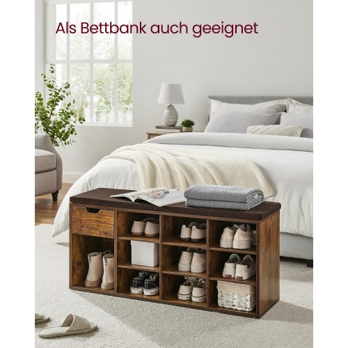 Skobænk med opbevaring VASAGLE – skoreol med skuffe og åbne rum, polstret sæde, vintage brun, 30 × 104 × 48 cm