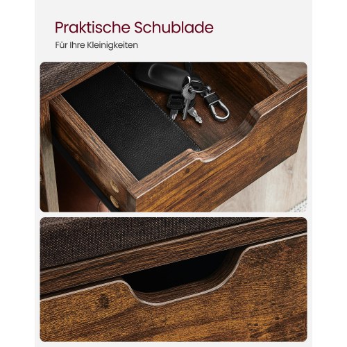 Skobænk med opbevaring VASAGLE – skoreol med skuffe og åbne rum, polstret sæde, vintage brun, 30 × 104 × 48 cm