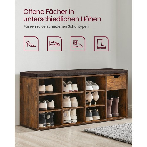 Skobænk med opbevaring VASAGLE – skoreol med skuffe og åbne rum, polstret sæde, vintage brun, 30 × 104 × 48 cm