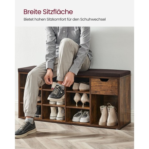 Skobænk med opbevaring VASAGLE – skoreol med skuffe og åbne rum, polstret sæde, vintage brun, 30 × 104 × 48 cm