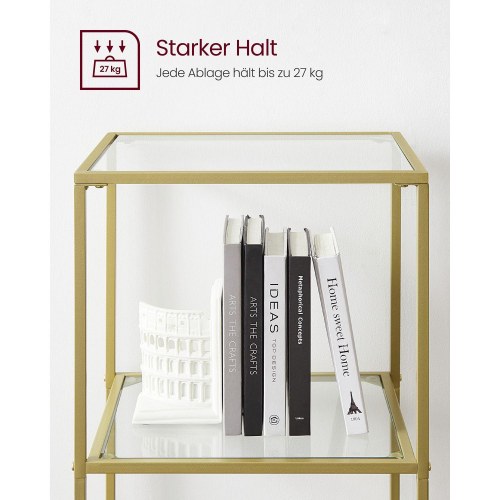 Bogreol med 6 hylder slank reol i hærdet glas og stål, metallic guld (LGT500A01)