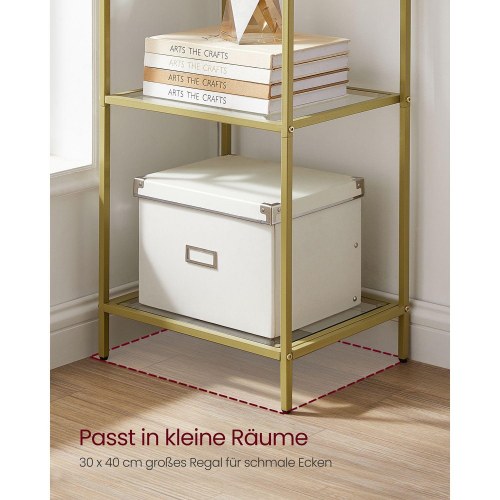 Bogreol med 6 hylder slank reol i hærdet glas og stål, metallic guld (LGT500A01)