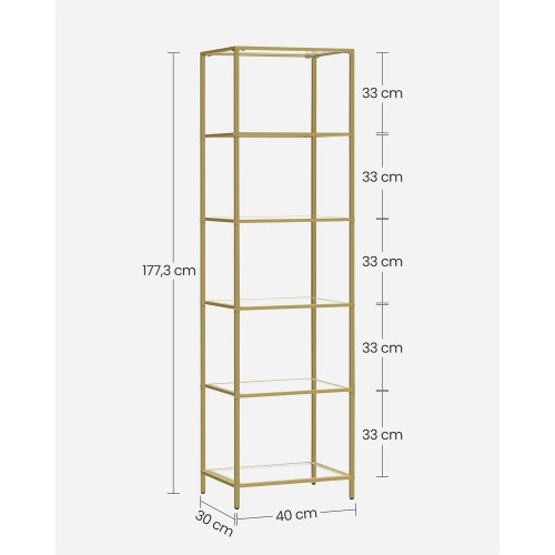 Bogreol med 6 hylder slank reol i hærdet glas og stål, metallic guld (LGT500A01)