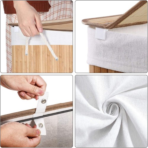 Vasketøjskurv med låg 3 rum, 150 l, sammenklappelig, natur